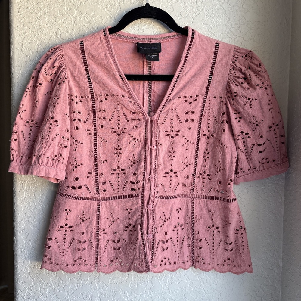 Women S Blouse Pink Eyelet Lace Puff Sleeve Cotton Top Boho Coquette Cotton